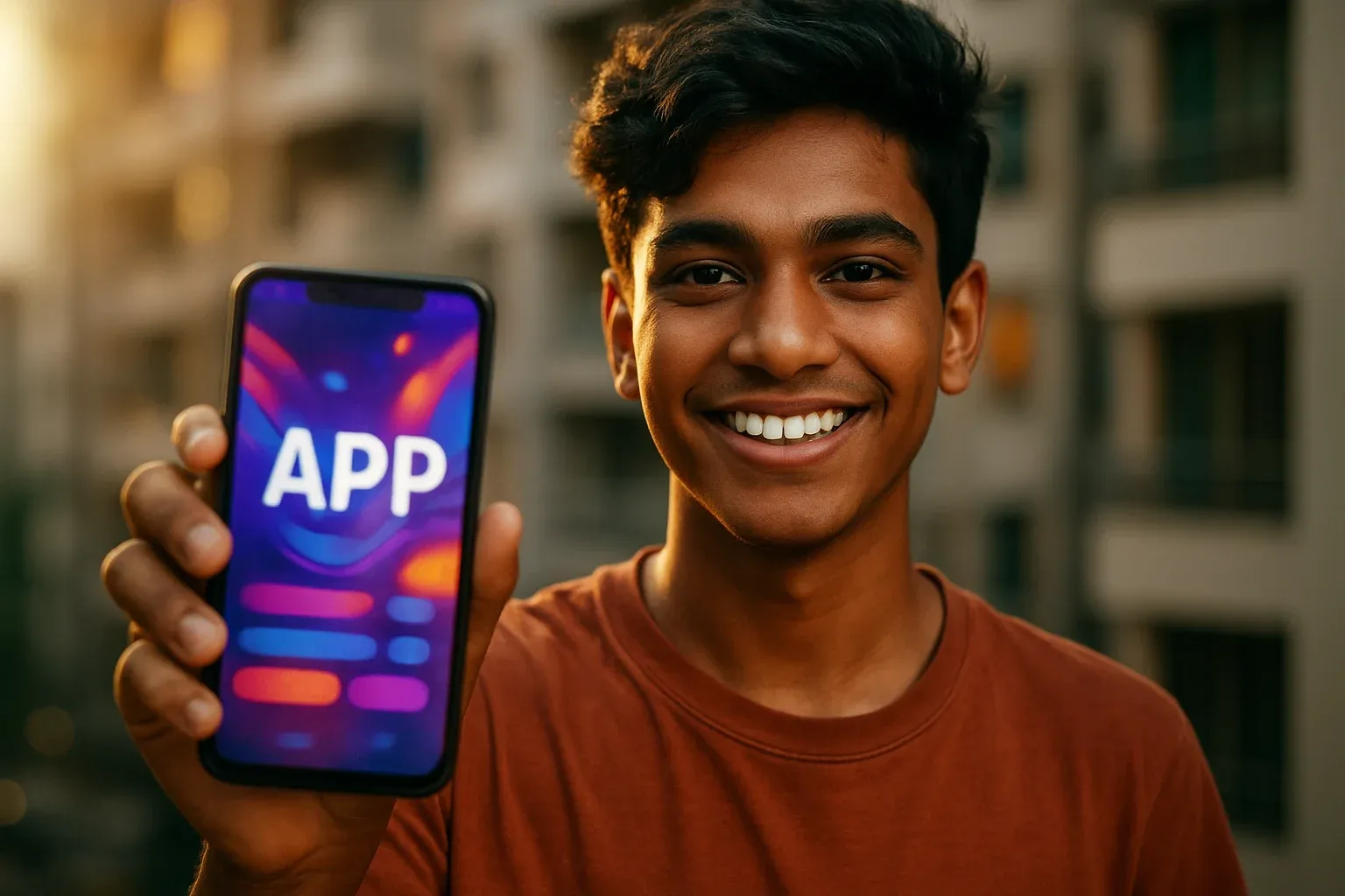 Young Bangladeshi man smiling while holding smartphone with colorful app screen