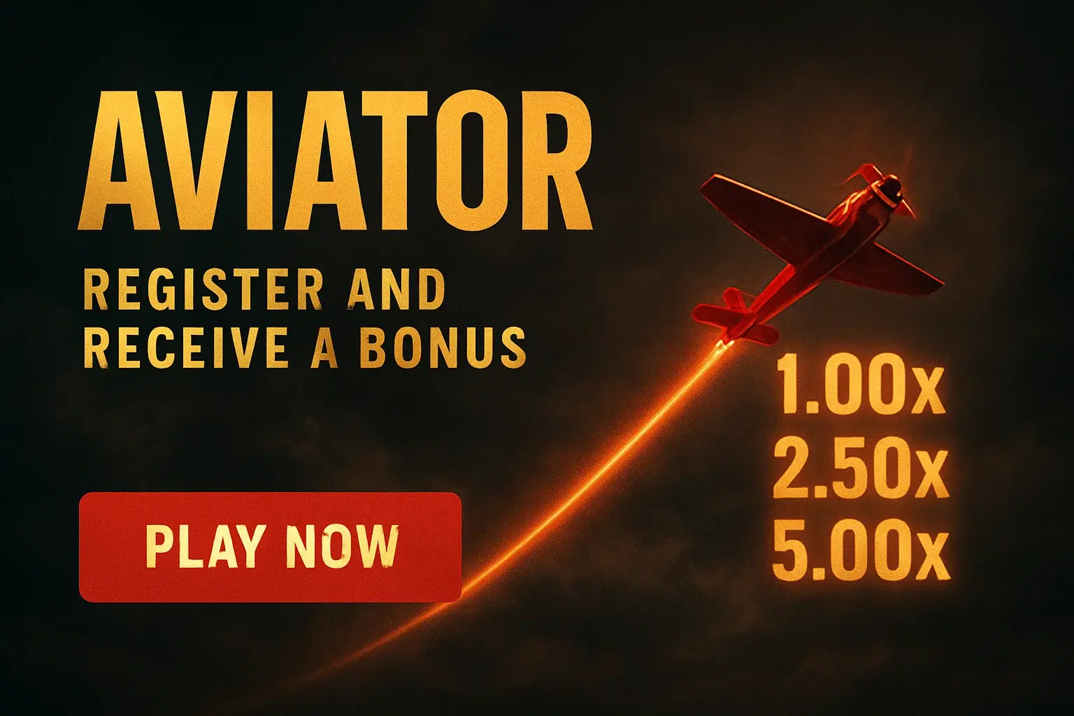 Aviator crash game banner with red plane, multipliers, and play button