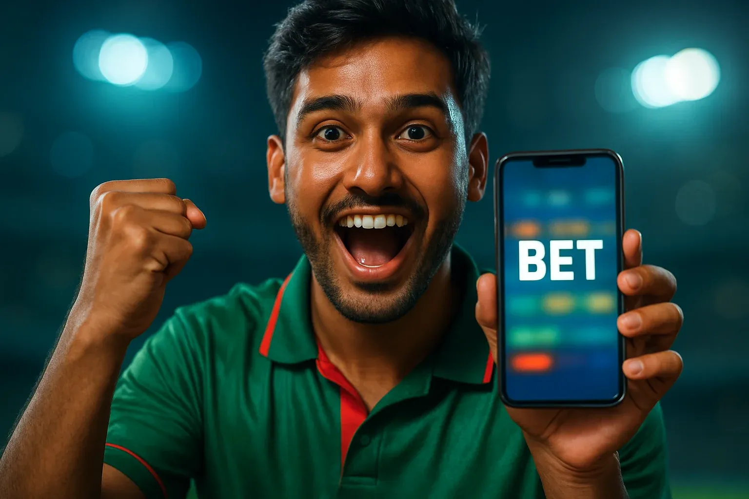 Excited Bangladeshi man holding phone with sports betting screen saying BET