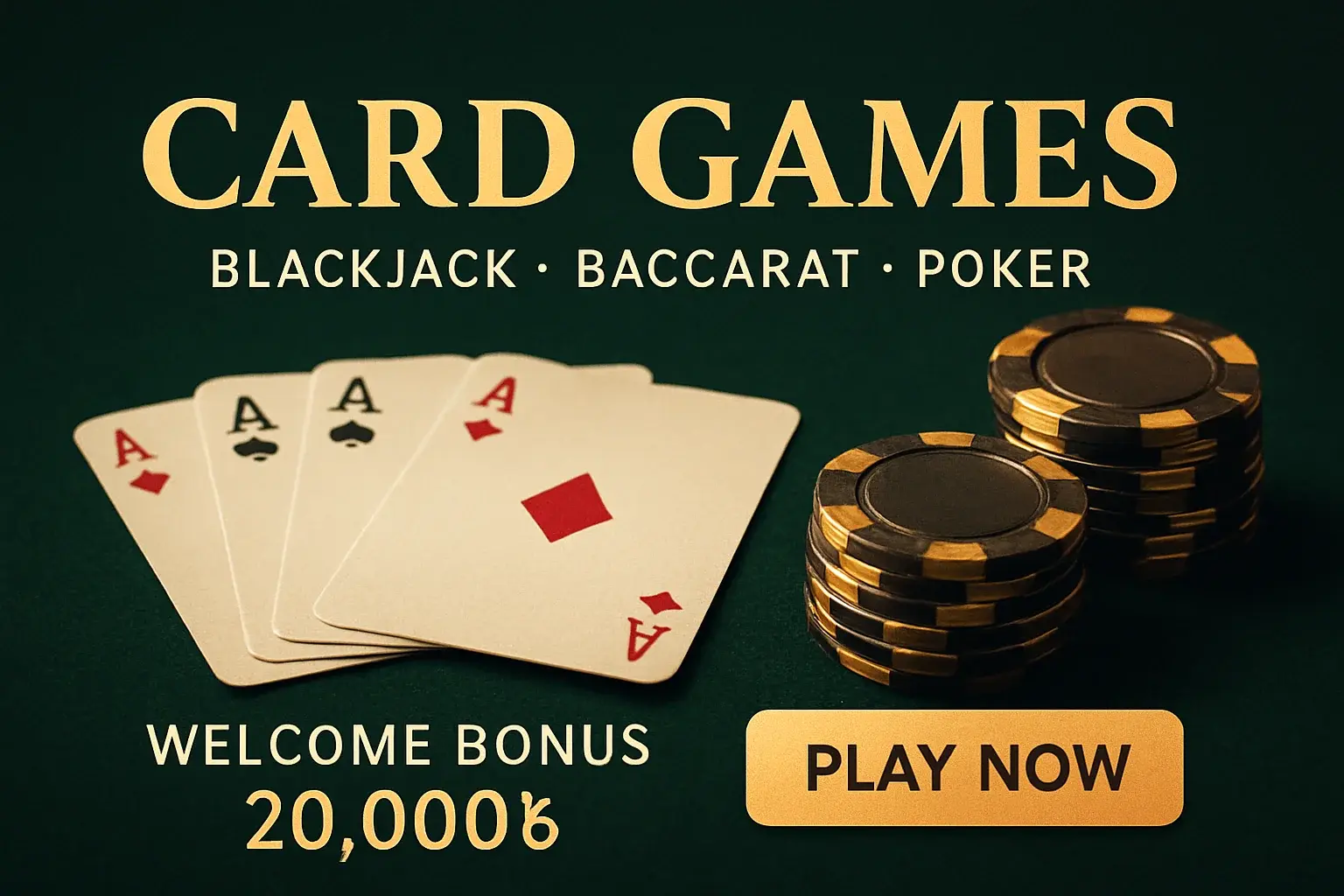 Card games banner with playing cards, chips, bonus, and play button
