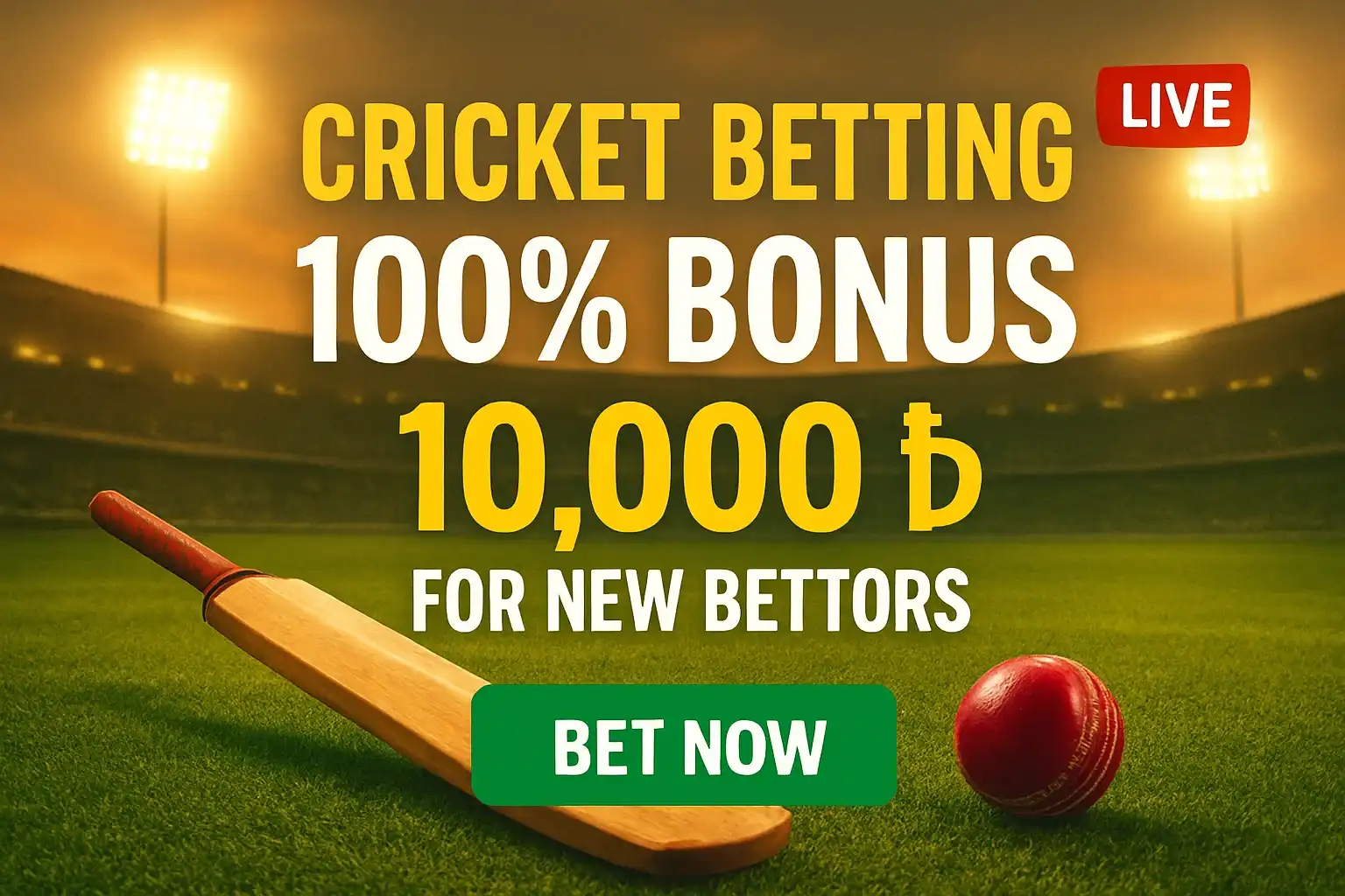 Cricket betting banner with stadium, bat, ball, bonus, and CTA