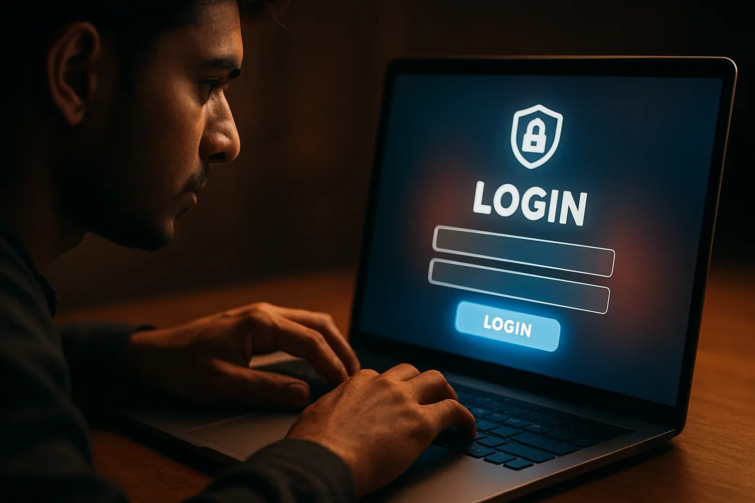 Young Bangladeshi man's hands on laptop showing bold LOGIN screen