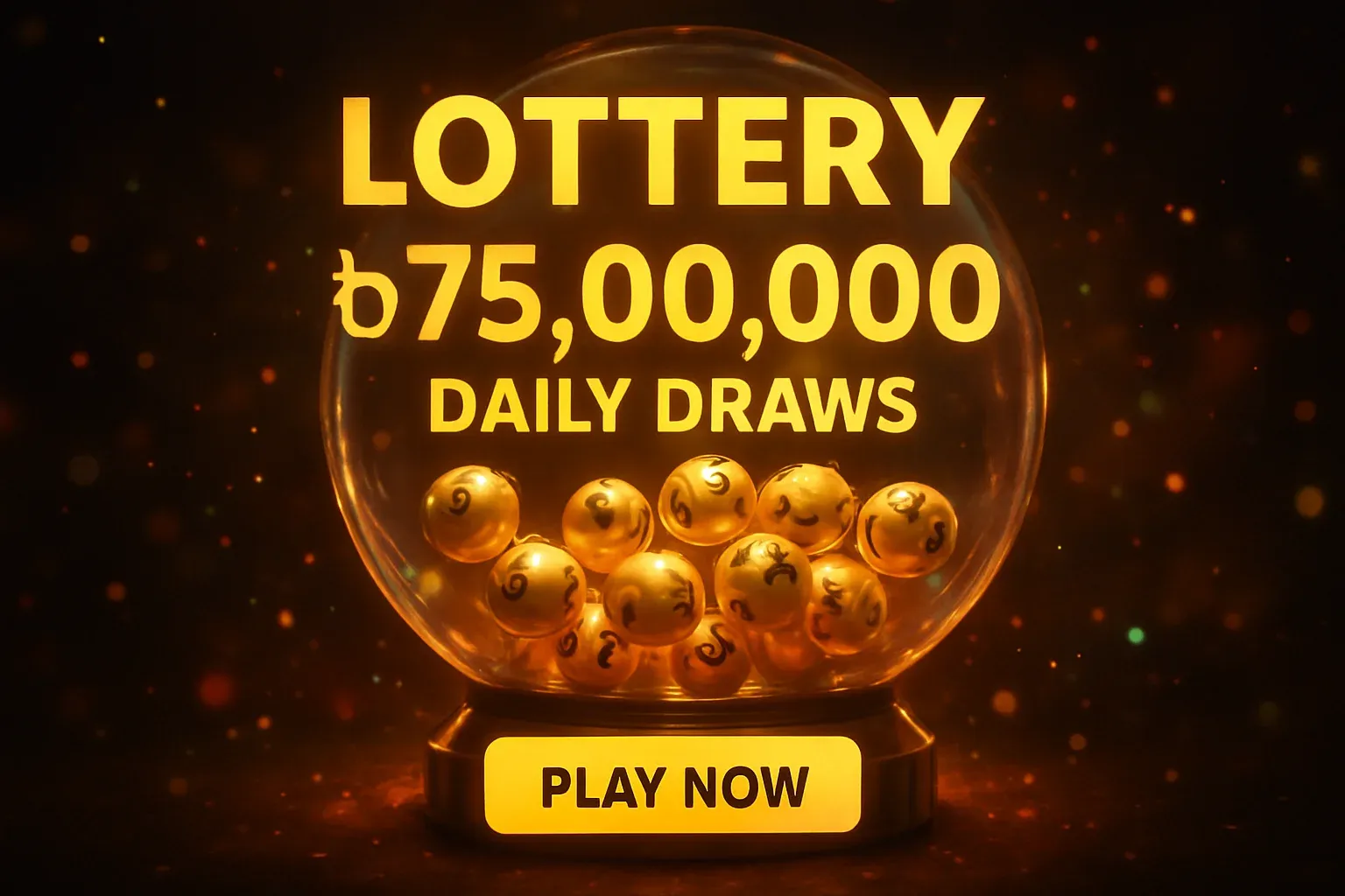 Glowing golden lottery balls in transparent draw machine promotional banner