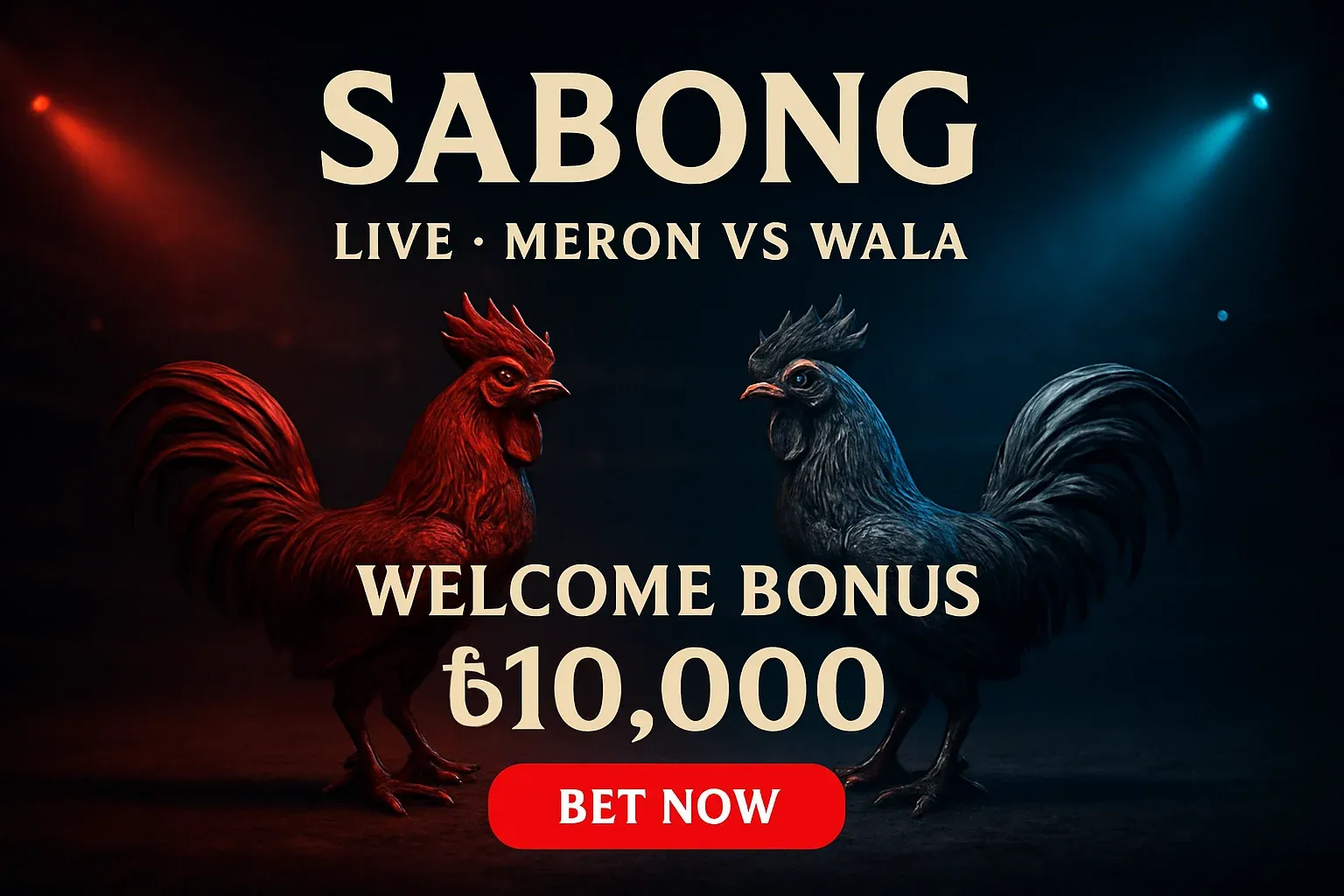 Live sabong banner with decorative rooster figurines and dramatic arena lighting