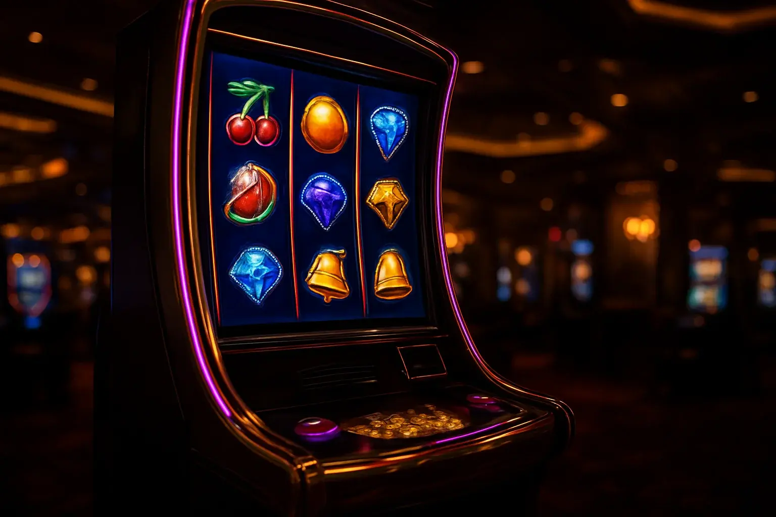 Hyperrealistic premium slot machine with glowing reels in dark luxury casino